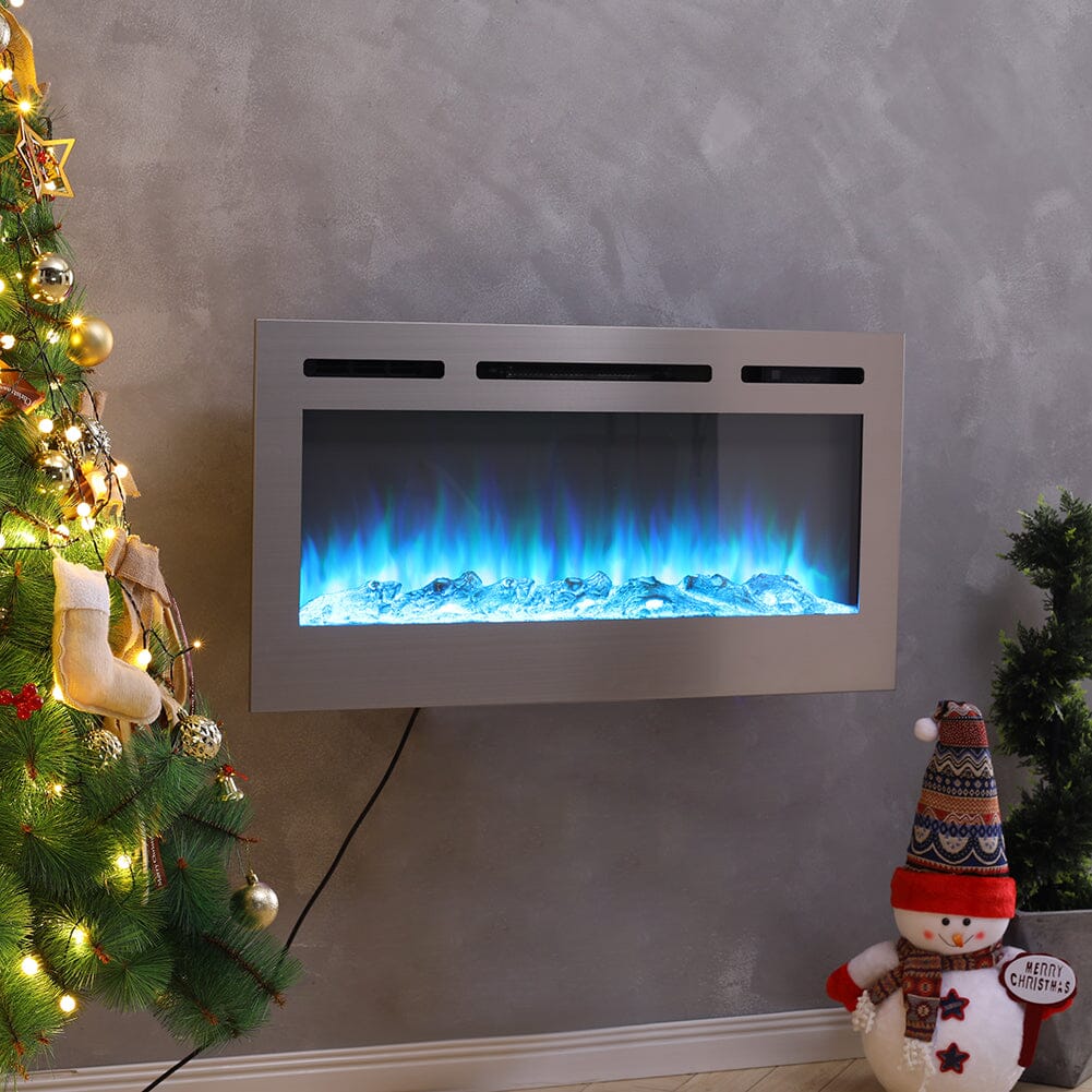 Silver 2kW Electric Fireplace 12 Flame Colour Recessed Fire with 2 Heat Settings Wall Mounted Fires Living and Home Silver 36 inch
